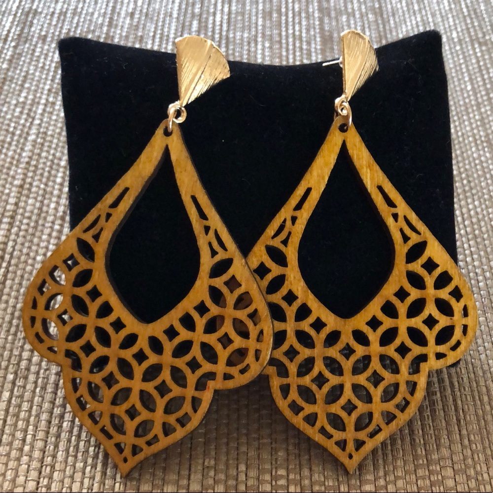 Long Wood and Gold Tone Earrings